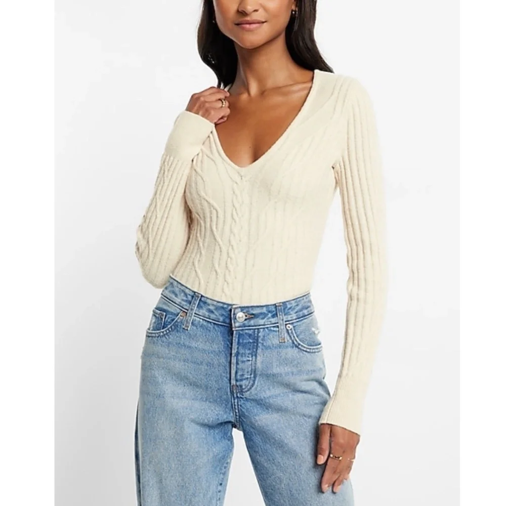 NWT Express Cable Knit V-Neck Sweater Thong Bodysuit
